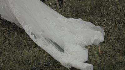 Lace dress train trailing in tall grass
