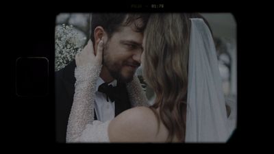 Bride and groom face touch, vintage film portrait